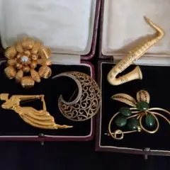 ヴィンテージ　ブローチ　５点セット 　Hollywood　Tona　翡翠　他