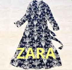 美品【ZARA】ボタニカル柄 ロングワンピース ネイビー XS ウエストリボン