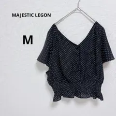マジェスティックレゴン　ドット柄 Vネック 半袖ブラウス　ブラック　ナチュラル