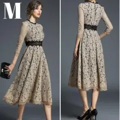 春 新品 ワンピース ドレス レディース ロング ベージュ 長袖 結婚式