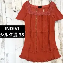 インディヴィ シルク混 レースブラウス 透け感 スクエアネック 半袖 38 朱のサムネイル