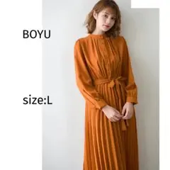 プリーツワンピース　ロングワンピース　前ボタン　リボン　バンドカラー　長袖　L