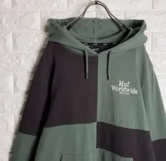 古着 HUF ハフ 刺繍ロゴ プルオーバー パーカー 薄手 グリーン ブラック