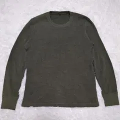 ユニクロ ワッフルクルーネック 長袖Tシャツ【M】カーキ