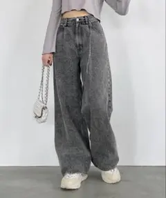 ハイウエスト デニムワイドパンツ グレー