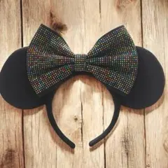 ディズニーリゾートミニー マウス カチューシャ 黒×カラーストーン リボン付き