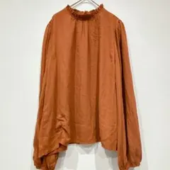 SHEIN ブラウス 無地 フリルネック ボリューム袖 L 茶色 ポリエステル