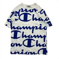00s チャンピオン 総柄 ビッグロゴ Tシャツ L ホワイト ブルー 古着
