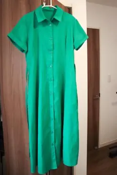 美品 GU ジーユー 半袖シャツワンピース ロング グリーン 緑 Mサイズ