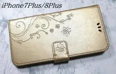 訳あり 手帳型 iphone7plus/8plus 用 ケース 草花 蝶 金色