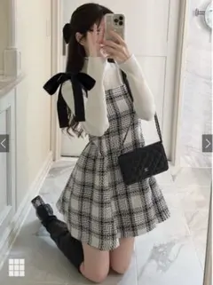 ツイードチェックショルダーリボンミニワンピース tu1417 GRL グレイル