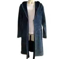 【Kavach】【デニム調ストレッチ】フード付きロングコートダークブルー　春＊秋