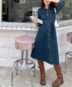 【タグ付き未使用】デニムワンピース Aライン ロング 膝下シャツワンピ Lサイズ
