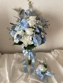 ウェディング ブーケ &ブートニア　ホワイト&ブルー　ローズ　クラッチ　造花