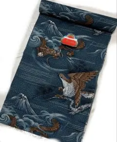 夢園　富士と龍と鷹　青地　伝統柄 長襦袢生地　反物　未使用ながら虫食いの訳あり