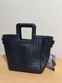 黒 編み込みトートバッグ スクエアハンドル