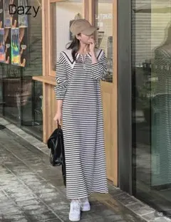 DAZY レディース ロング丈 七分袖 ジップアップ ストライプ ドレス