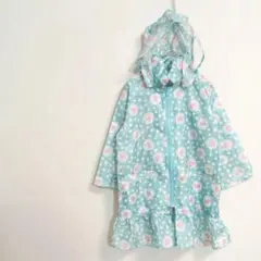 花柄水玉フリル袖レインコート フード付き　子供　110 雨具　☆3274
