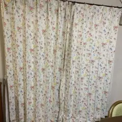 難有花柄カーテン 鳥デザイン/100×200　２枚セット/痛み汚れ多数あり