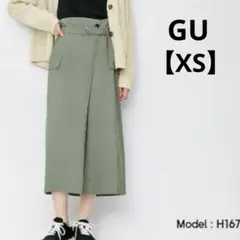 《新品》GU【XS】ベルテッドサイドポケットナロースカート カーキ ミモレ丈