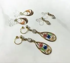 フラワー装飾ドロップイヤリング　ノンホールピアス　3点