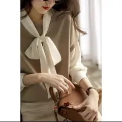 ボウタイブラウス 白 M リボン 長袖 バルーンスリーブ 無地　シャツ上品