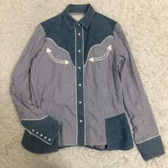 美品✨sacai 長袖シャツ デニム ドッキング 麻 ストライプ ウエスタン Sのサムネイル