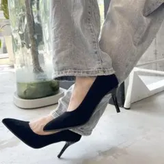 【ロングセラー】フェイクスエードパンプス ブラック ヒールのサムネイル