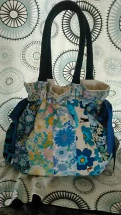 猫や花柄　入れ口可愛い　リボン巾着トートバッグ　ハンドメイド