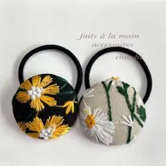 38-182くるみボタンヘアゴム 38mm 2個セット インド刺繍リボン 花柄
