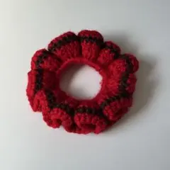 編み物　シュシュ　レッド　ブラウン　かぎ編み