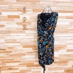 【デシグアル】Vネック カラフル フラワー 花柄アート ワンピース 長袖 S 黒