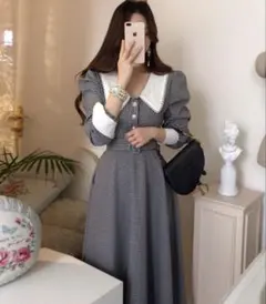 【Jasmine】ギンガムチェックフレンチガーリーブラウスフレアワンピースのサムネイル