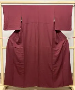 A ◆着物くつろぎ 色無地 小豆色 縮緬 正絹 袷 着物 K3