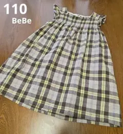 【110】BeBe / ベベ リネン混チェック柄シャーリングワンピース
