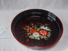 花柄大きめ丸盆 黒赤