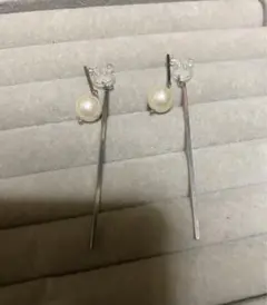 ノンホールイヤリング　パール　メタルシルバー　ゆらゆら　イヤリング