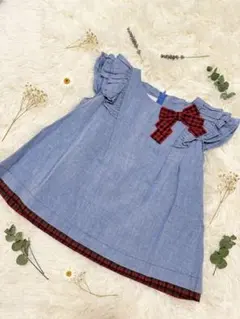 美品　【familiar】　ファミリア　トップス　半袖　チェック　リボン