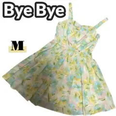 Bye Bye ミニ ワンピース 花柄 イエロー フレア M ノースリーブ 春