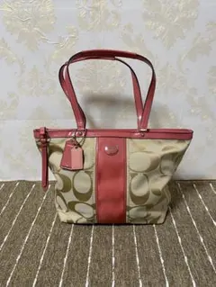 コーチ ロゴ入りトートバッグ ベージュ/ピンク