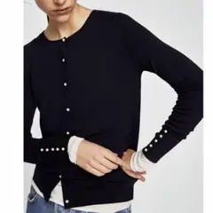 ZARA パールボタン ニットカーディガン ネイビー 長袖