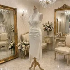 【華やか】白 ホルターネック アシンメトリー ドレス ラインストーン タイト