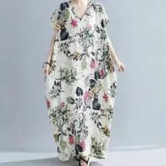【残り２点】アジアンロングワンピース 花柄 半袖 大きいサイズ 白 フリーサイズ