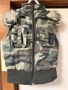 Y2K ベスト カモフラ 迷彩 ファーフード