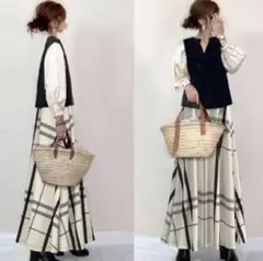 2点セット　チェック　バイカラー　モノトーン　長袖　ぽわん袖　Aライン　スカート