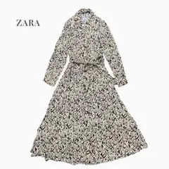 ZARA　総柄　シャツワンピース　ロング丈　Aライン　ウエストリボン付き