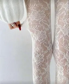 レースタイツ 白 花柄 網タイツ ホワイト ロリータ フェミニン 透け感のサムネイル