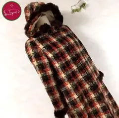 レトロ コート チェック ツイード ファー ウール混 膝丈 古着 橙 紺 白