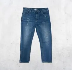 ダメージ加工 ダークブルー ストレートジーンズ