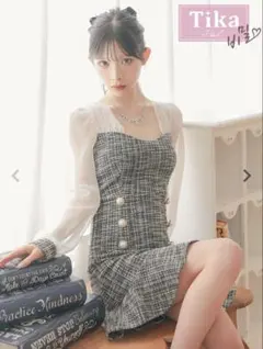 シアー長袖ありミックスツイード ダブルボタン 裾フリル タイトミニドレスSサイズ